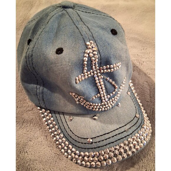 Denim Blue Jean Silver Rhinestone Anchor Women's Baseball Hat Nautical Cap Bling - Picture 1 of 7